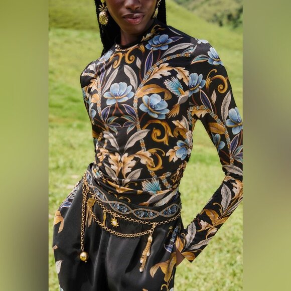 FARM Rio Tops - Farm Rio - Black Flowerful Garden Jersey Blouse